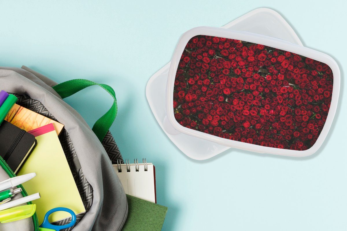 Rot, weiß - Kinder - und Blumen Jungs Brotbox Erwachsene, Brotdose, für (2-tlg), Rosen Kunststoff, Lunchbox für MuchoWow Mädchen und