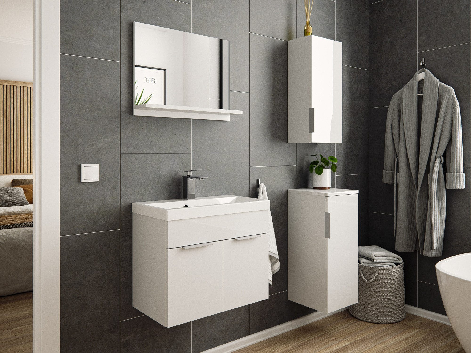 Magnolia Home Badmöbel-Set Badmöbel-Set Slimline Vega 4tlg Spiegel & Midischränke weiss hgl/weiss, Soft-Close