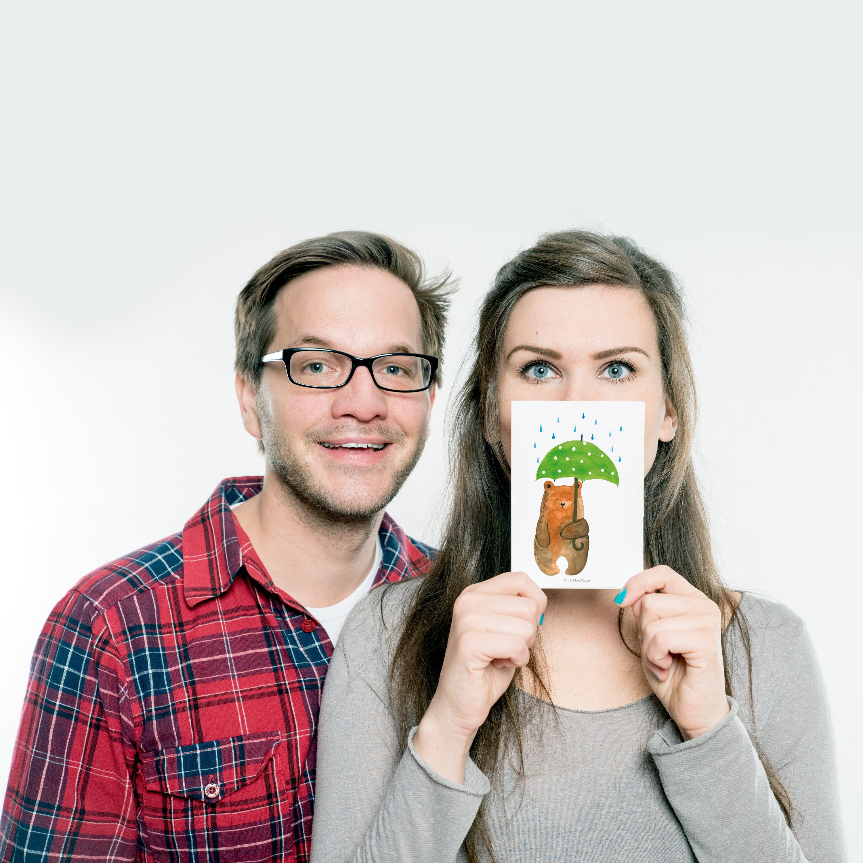 Mr. & Mrs. mit Ansichtskarte Bär Geschenk, Postkarte - Panda Geschenkkarte, Regenschirm - Weiß