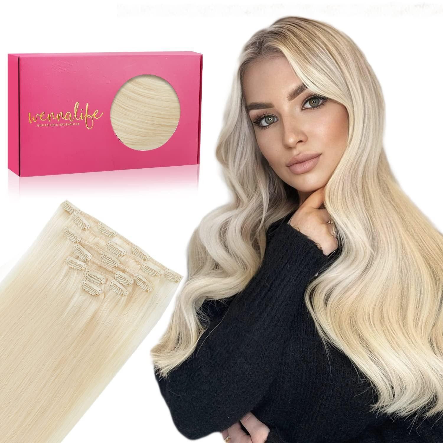 LuxusKollektion Echthaar-Extension Clip in Extensions Echthaar Remy 45cm-70g #60 Helles Platinblond