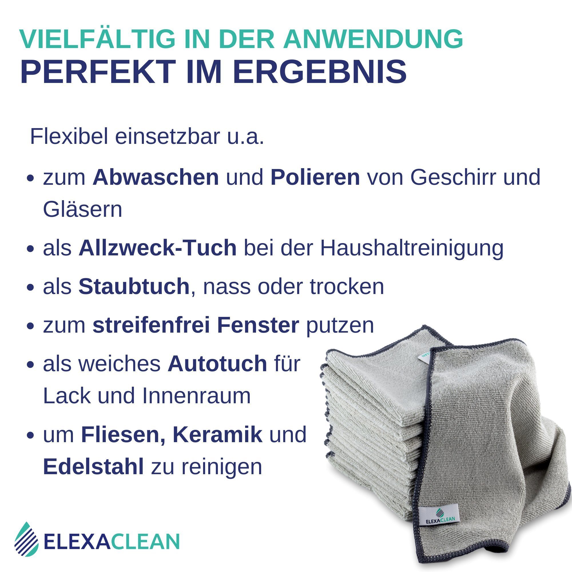 ELEXACLEAN Universal Reinigungstücher Mikrofasertuch (80% Polyester, 20% Polyamid (Mikrofaser), 30x30 cm, Set, 12-tlg., 30x30 cm, fusselfrei, streifenfrei, saugfähig)