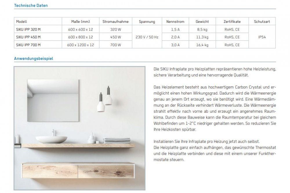 Siku Infrarotheizung Siku Infrarot-Flächenheizung, für Spiegel-Front die Wandmontage, Infraplate pro