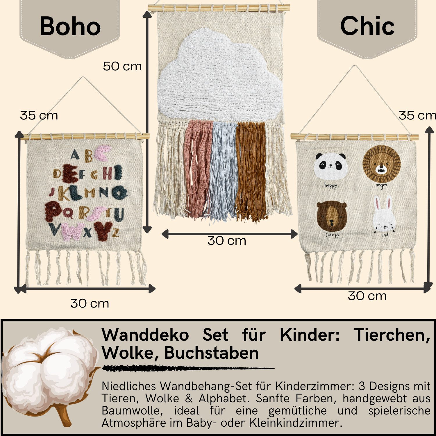 Marrakesch Orient & Mediterran Interior Wandteppich 3er-Set Wanddekorationen Callan aus Baumwolle mit Fransen, Beige 50 cm, Höhe: 30 mm – Bild 2 von 5