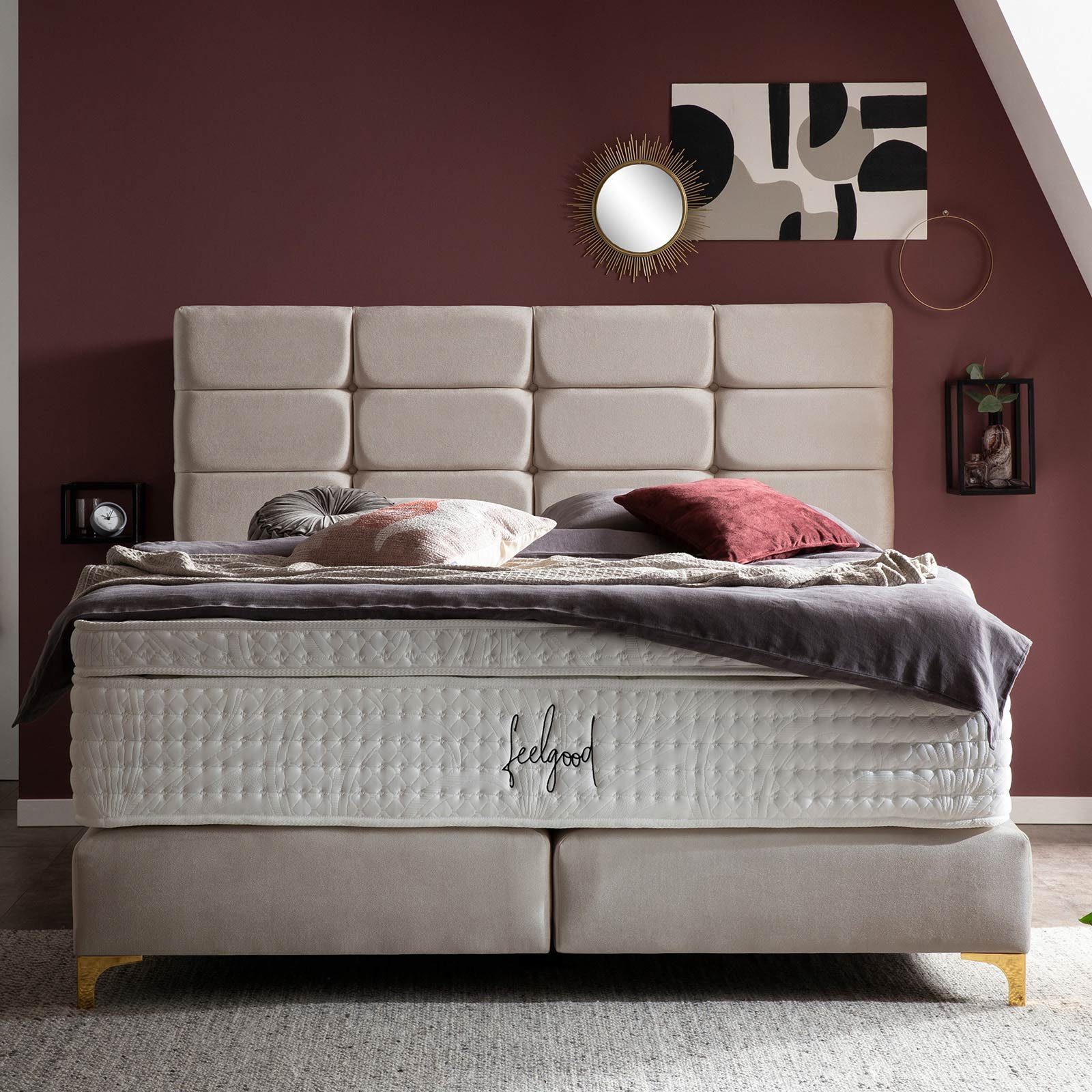 [Sofort lieferbar] BettCo Boxspringbett cm, + Gold-Optik Kansas Füße optionaler 200 Kachel-Design Samt), (140 Topper, in Beige in x