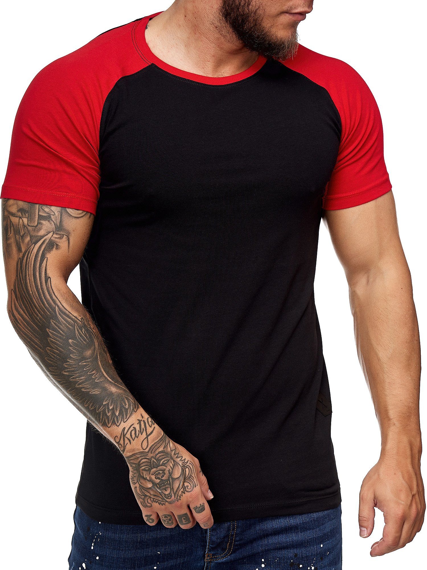 Freizeit OneRedox modischem Rot Tee, Polo 2031ST Schwarz Casual Design) im Fitness T-Shirt (Shirt 1-tlg., Kurzarmshirt