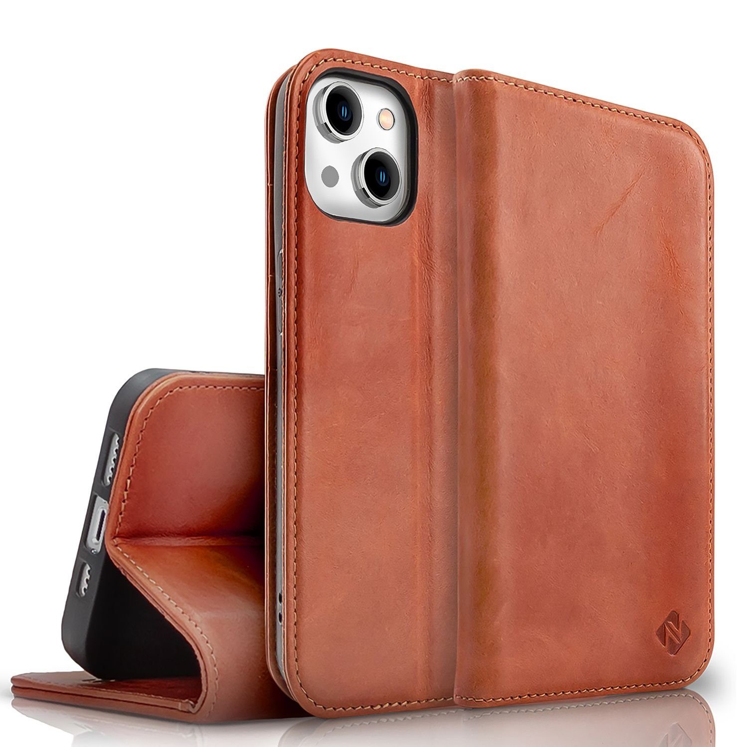 Nalia Smartphone-Hülle Apple iPhone 15 15,5 cm (6,1 Zoll), Echt Leder Etui / Standfunktion Kickstand / RFID Schutz Handyhülle