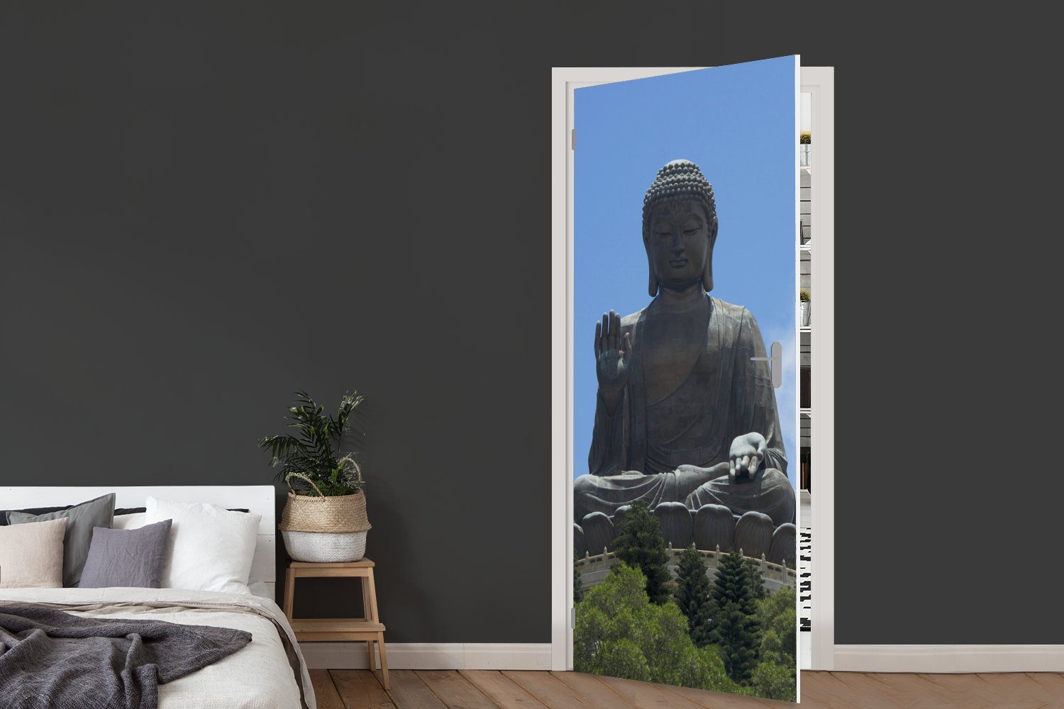 Fototapete MuchoWow Der Matt, Hongkong, St), 75x205 Tür, Buddha (1 cm Türtapete in bedruckt, Türaufkleber, Tian für Tan