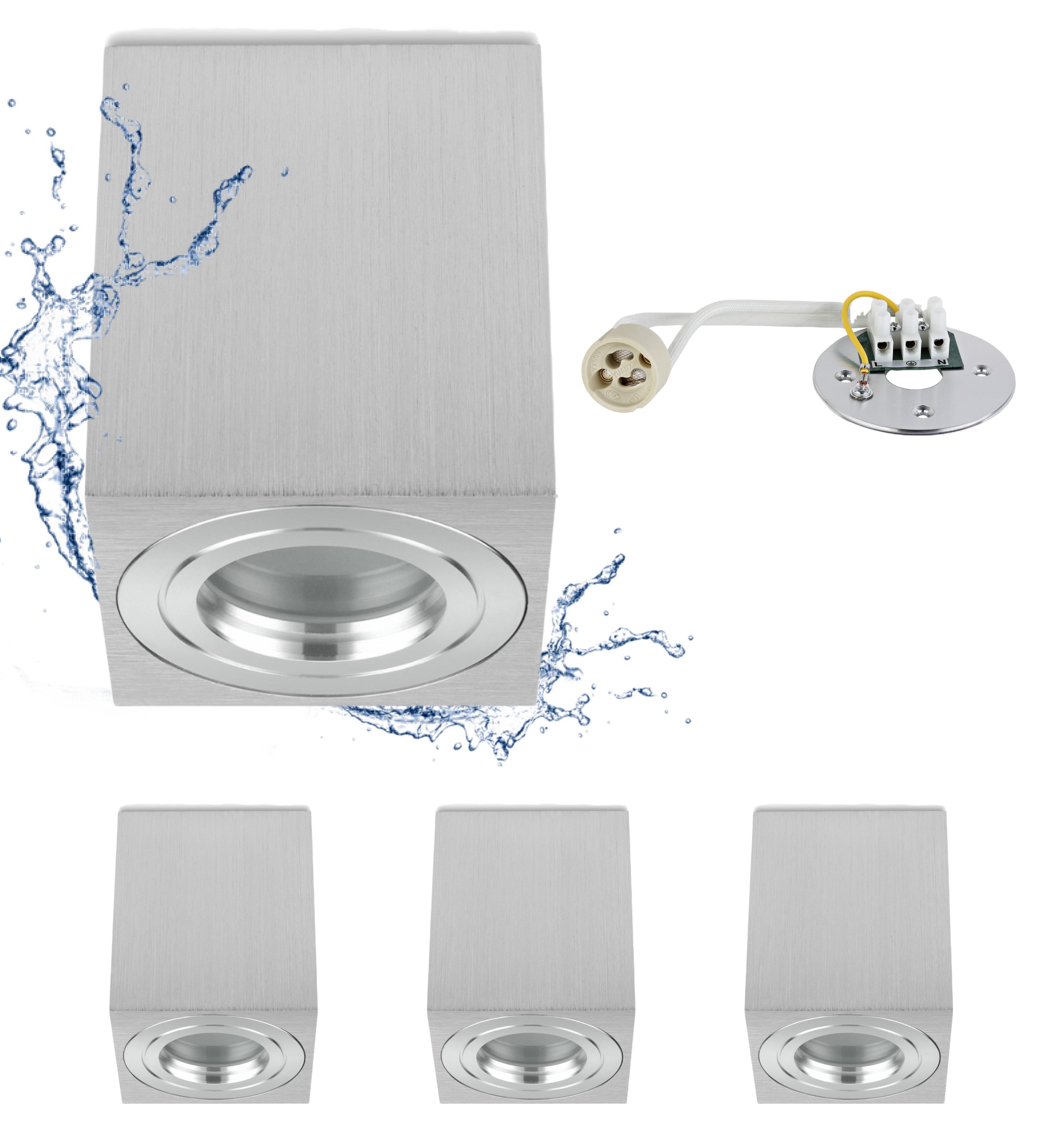 Sweet LED Aufbauleuchte GU10 4er Set IP44 Deckenspots Aluminium für Küche & Bad eckig, ohne Leuchtmittel, Aufbaustrahler LED, Aufbauspot, Deckenstrahler, spritzwassergeschützt