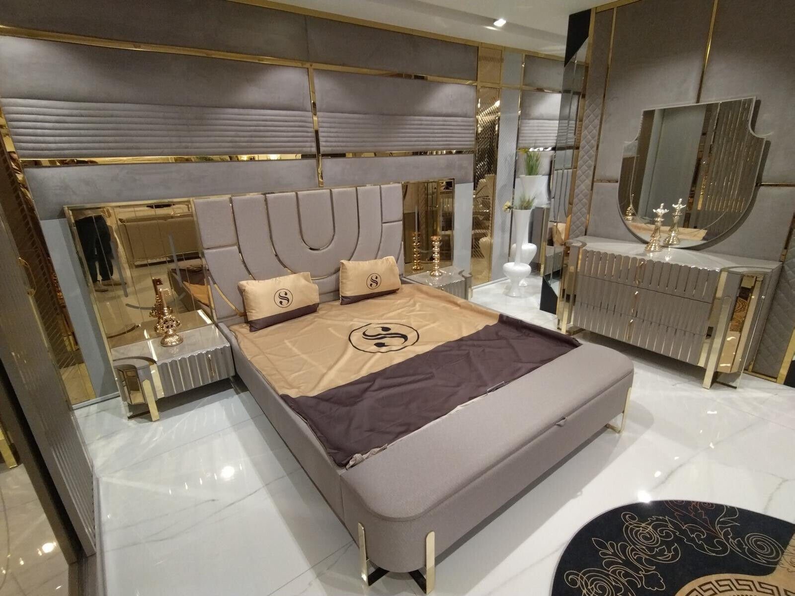 JVmoebel Schlafzimmer-Set Modernes Schlafzimmermöbel in edlem Design mit Nachttischen, (3-tlg., Bett + 2x Nachttische), Made in Europa