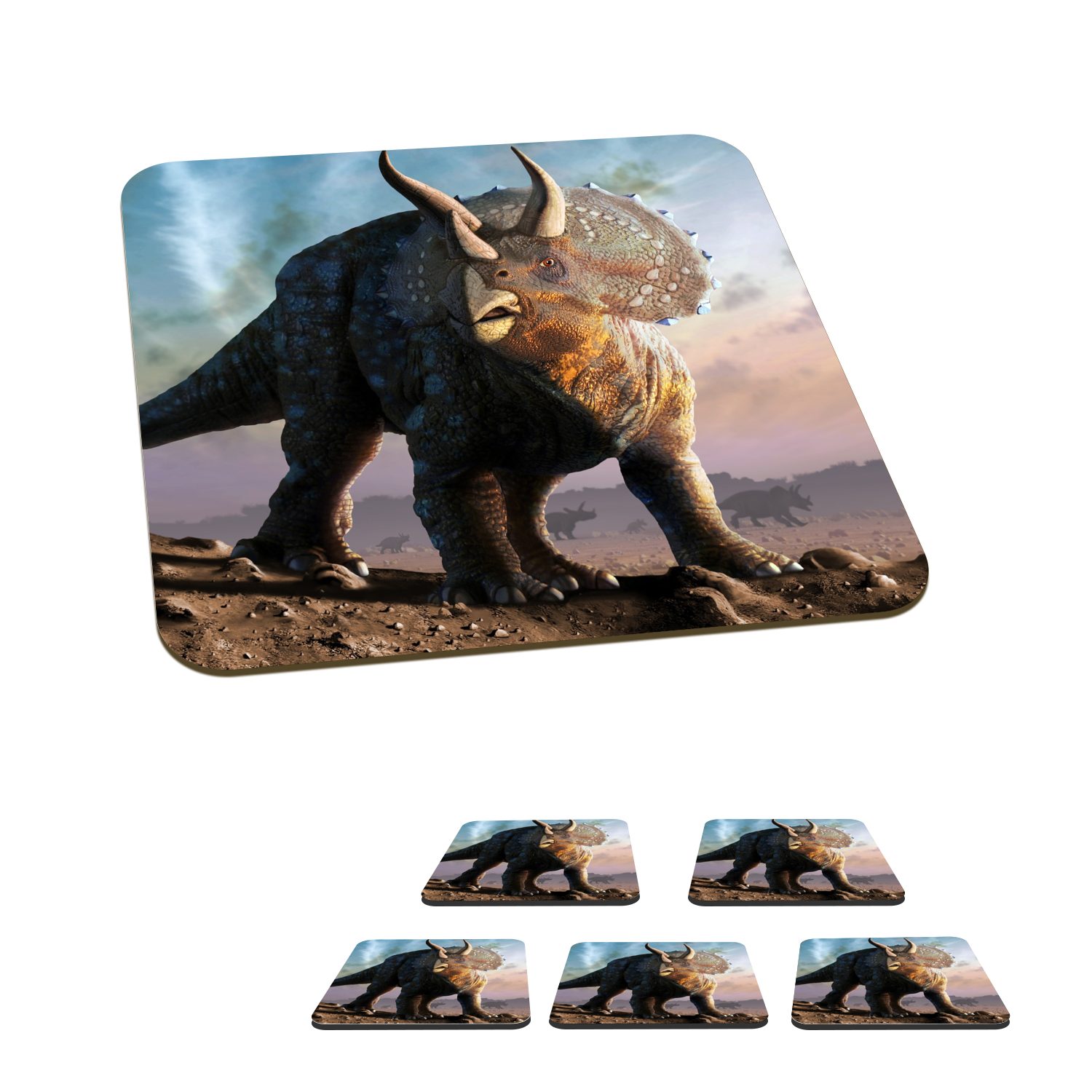 MuchoWow Glasuntersetzer Dino Zubehör für - Tischuntersetzer, Geschichte Kinder Triceratops Glasuntersetzer, - Kinder Untersetzer, - Junge, - Kleiner Tasse - Korkuntersetzer, 6-tlg., Gläser