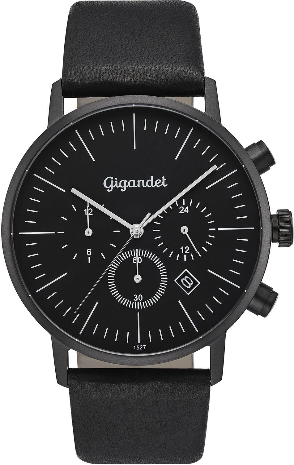 Gigandet Quarzuhr Armbanduhr, Herrenuhr, 24-Std. Anzeige, 42mm, MINIMALISM III G22-001, Mineralglas, 2. Zeitzone, Lederband, 3bar/30m wasserdicht