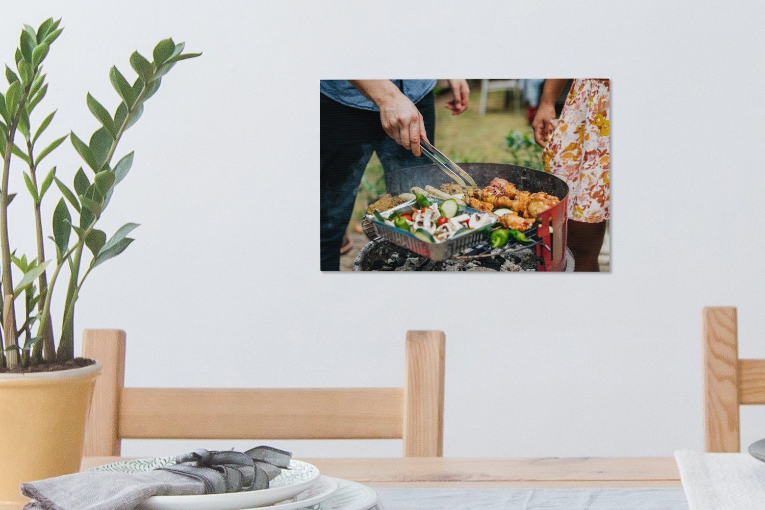 Leinwandbild dem und cm Wanddeko, Aufhängefertig, 30x20 Grill, Fleisch Wandbild Gemüse (1 auf OneMillionCanvasses® Leinwandbilder, St),