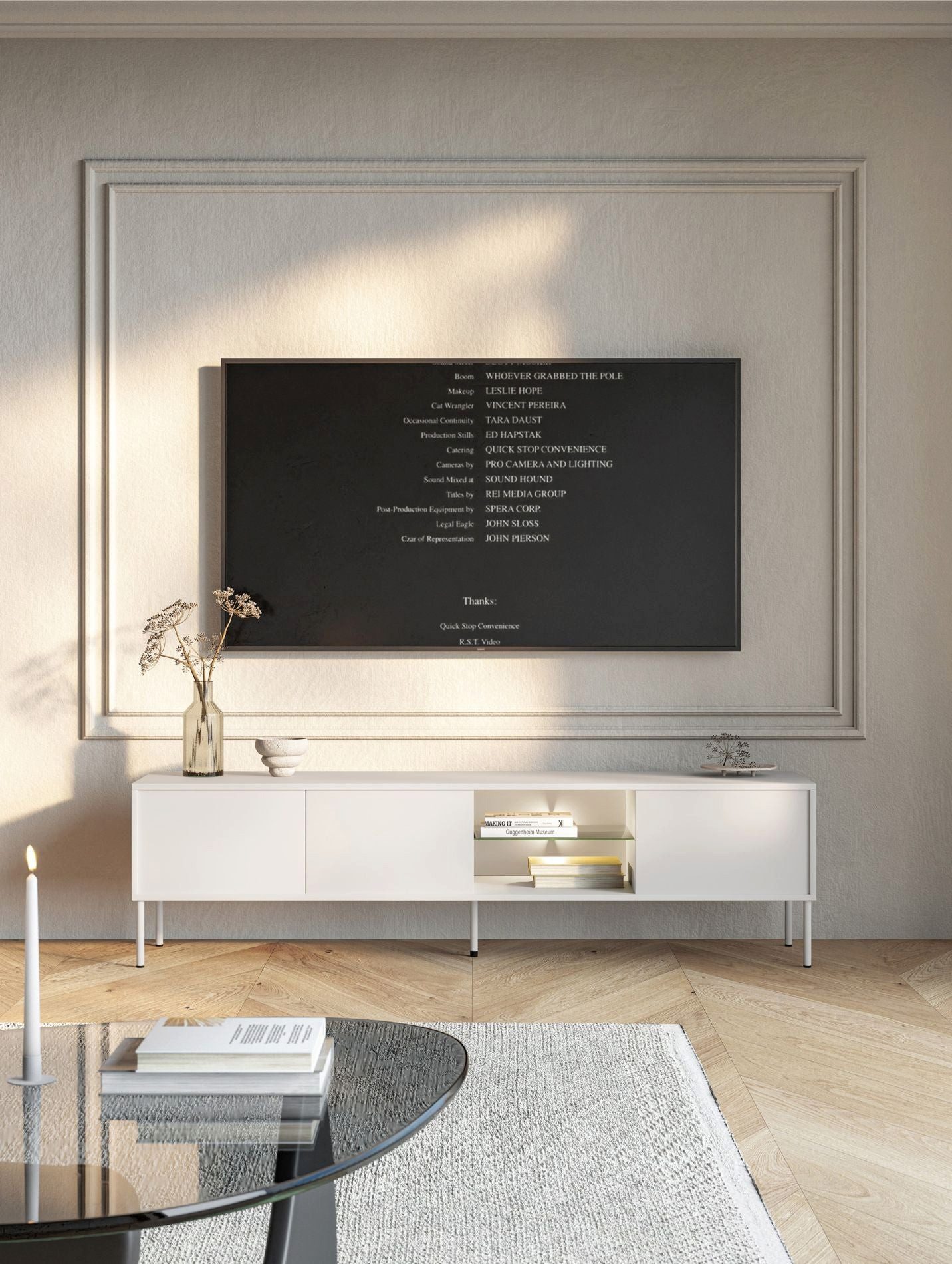 Selsey TV-Schrank MODITY TV-Möbel 3-türig mit Push-to-Open, Glasablage & LED-Licht, 175 cm