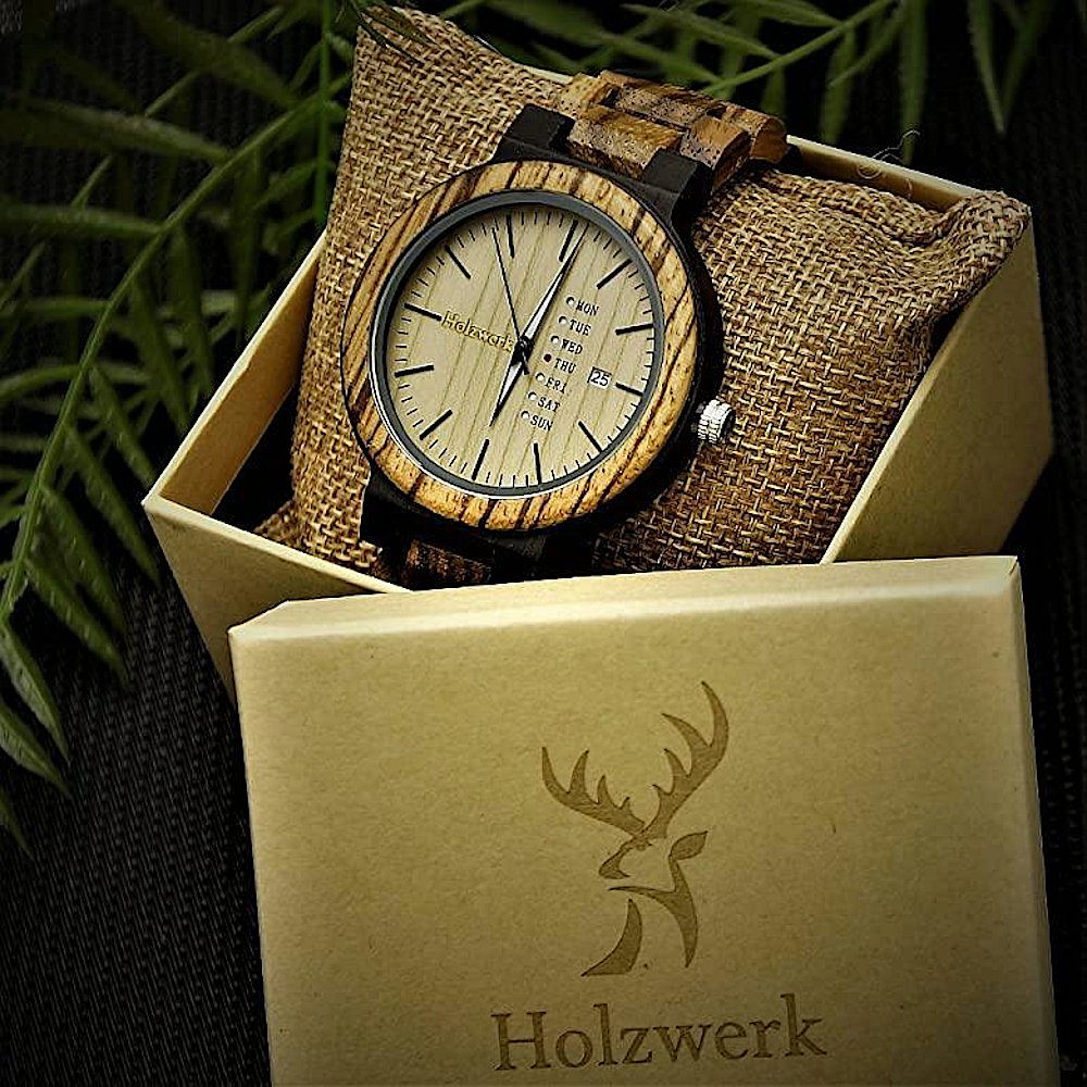 Holzwerk Quarzuhr MALCHOW Damen und Herren Holz Uhr mit Datum in Walnuss braun, beige