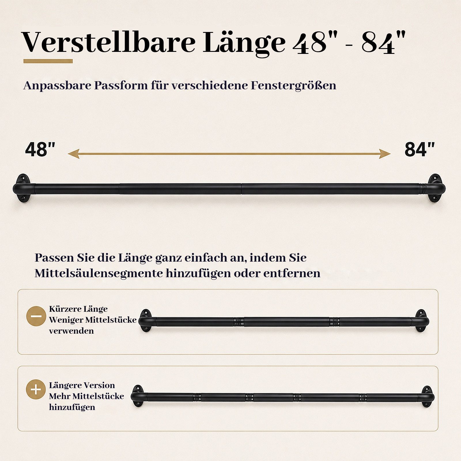 BlingBin Gardinenstange Industrielle ausziehbare Metallstange rostfest, verstellbar 120–212 cm, Ø 25 mm, ausziehbare, verschraubt, Metall, für Ösenvorhänge, doppelt nutzbar als Fensterstange und Raumteiler