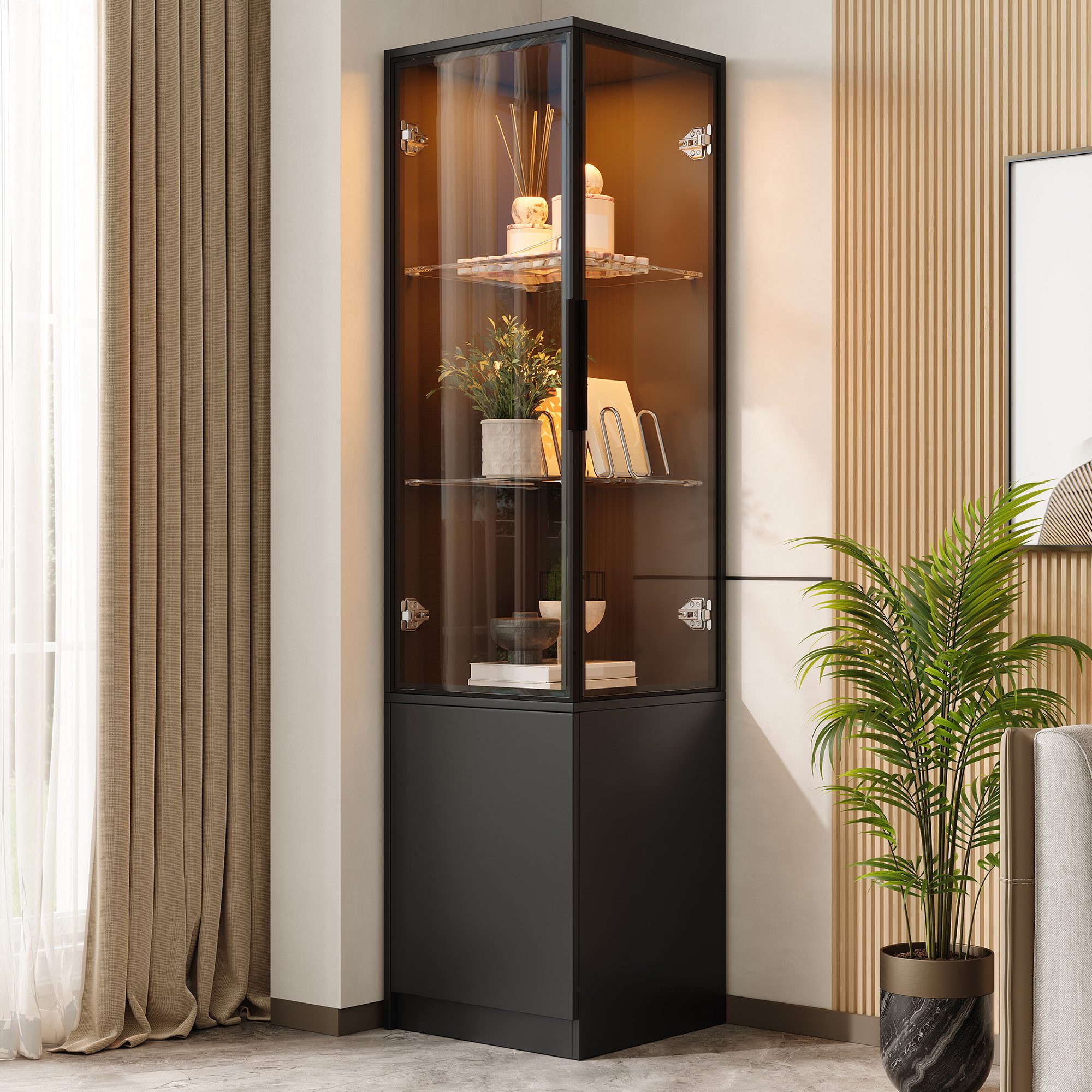 Merax Eckvitrine mit LED-Beleuchtung, Standvitrine mit Türen aus gehärtetem Glas (1-St., 40x40x160 cm) Vitrine mit Aluminiumrahmen & Glasböden, Vitrinenschrank Eckschrank