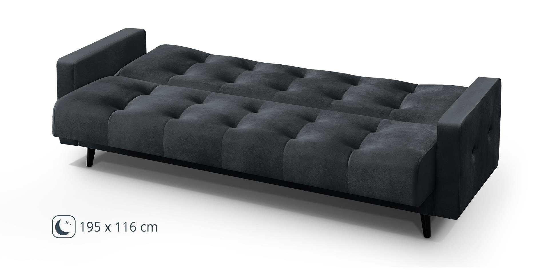 97) mit Bettkasten, Federkern, wasserdicht (monolith Sofa, Dunkelgrau Schlaffunktion, BIS, Beautysofa Schlafsofa 3-Sitzer NANCY velours