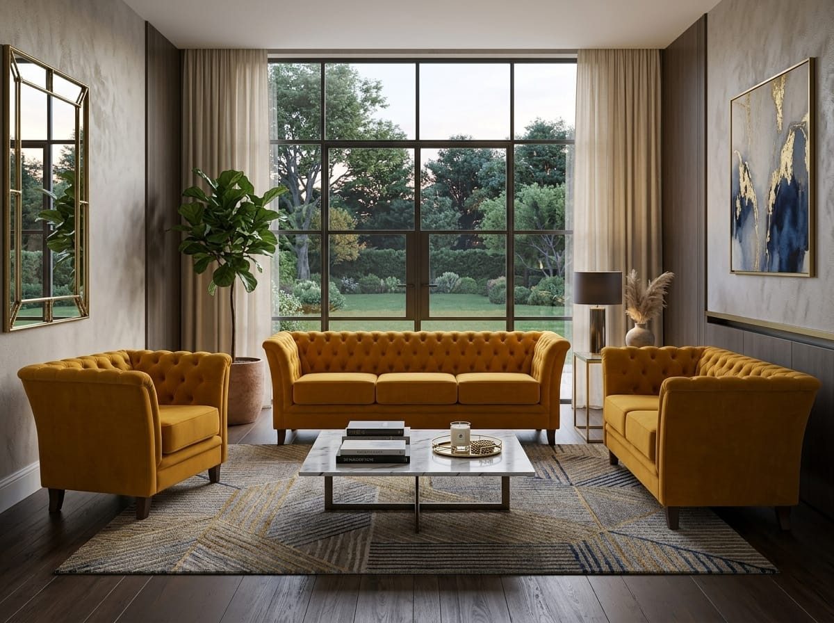 JVmoebel Chesterfield-Sofa Dunkelgelbes Chesterfield Sofas Set 3+2+1-Sitzer Gesteppte, 3 Teile, Made in Europa