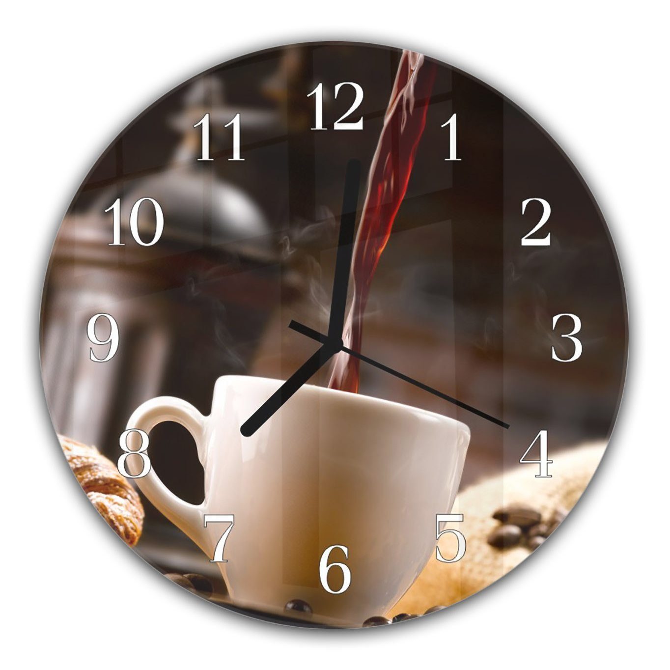 Primedeco Wanduhr Wanduhr aus Glas eingeschenkt Kaffee cm - Motiv mit Durchmesser Quarzuhrwerk wird 30 mit und Rund
