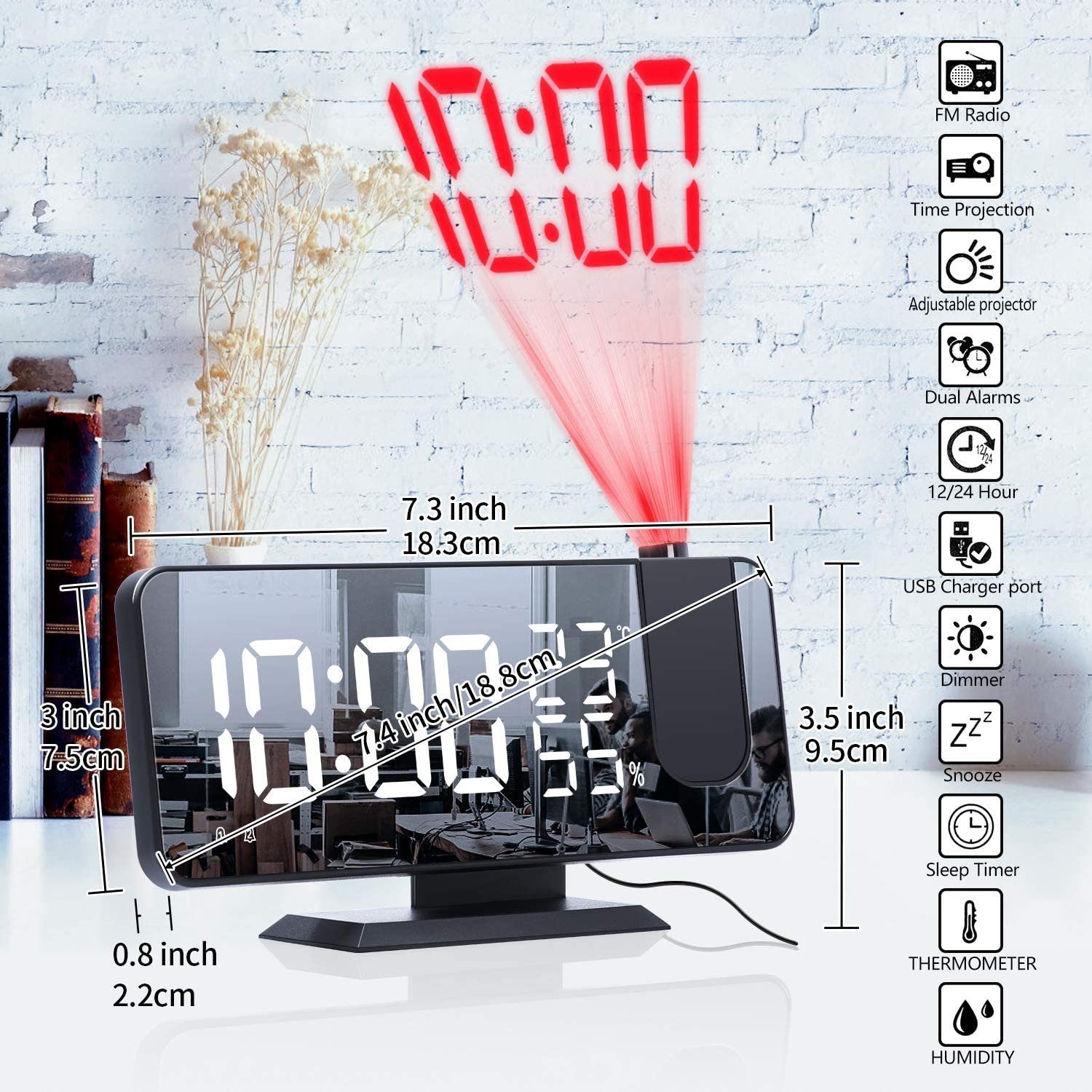 Mutoy Projektionswecker mit Projektions Projektionshelligkeit,32FM Projektor,LED-Anzeige, 180° digital Dual-Alarm Schwarz-Weiß Snooze,4 Projektionswecker, Radio Radio Wecker