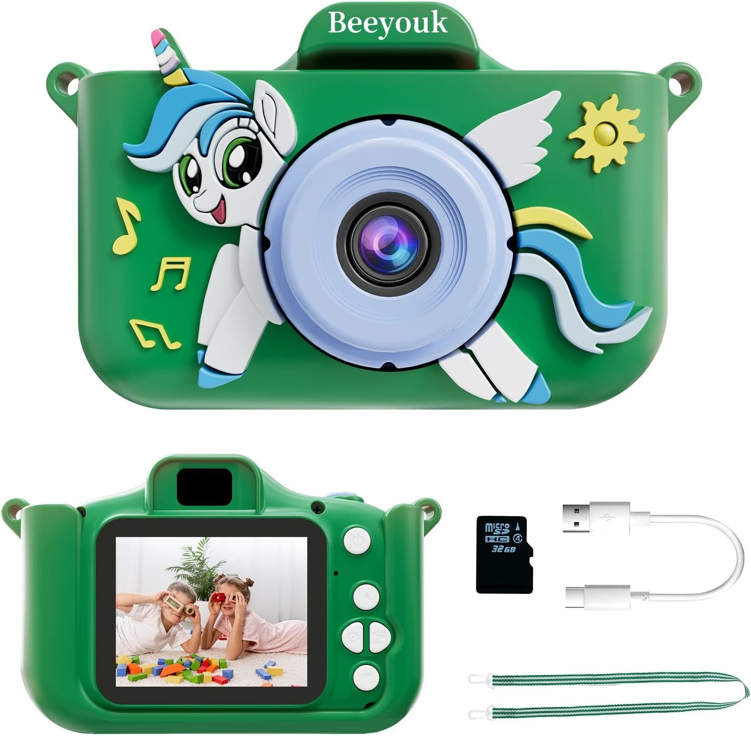 Beeyouk Wiederaufladbarer Lithium-Akku Kinderkamera (12 MP, 4x opt. Zoom, inkl. 2-Zoll-IPS-Bildschirm schützt die Augen der Kinder, Multifunktions mit 12 Megapixel Auflösung und 1080P Videoqualität)