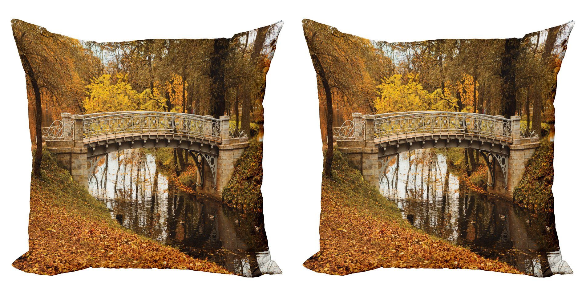 Kissenbezüge Modern Accent Doppelseitiger Digitaldruck, Abakuhaus (2 Stück), Herbst Alte Brücke im Herbst Wald