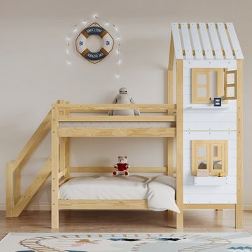 WISHDOR Kinderbett Jugendbett Hausbett Holzbett Doppelbett (Weiß+Natur (90x200cm) ohne Matratze), mit Handlauf und Fenster