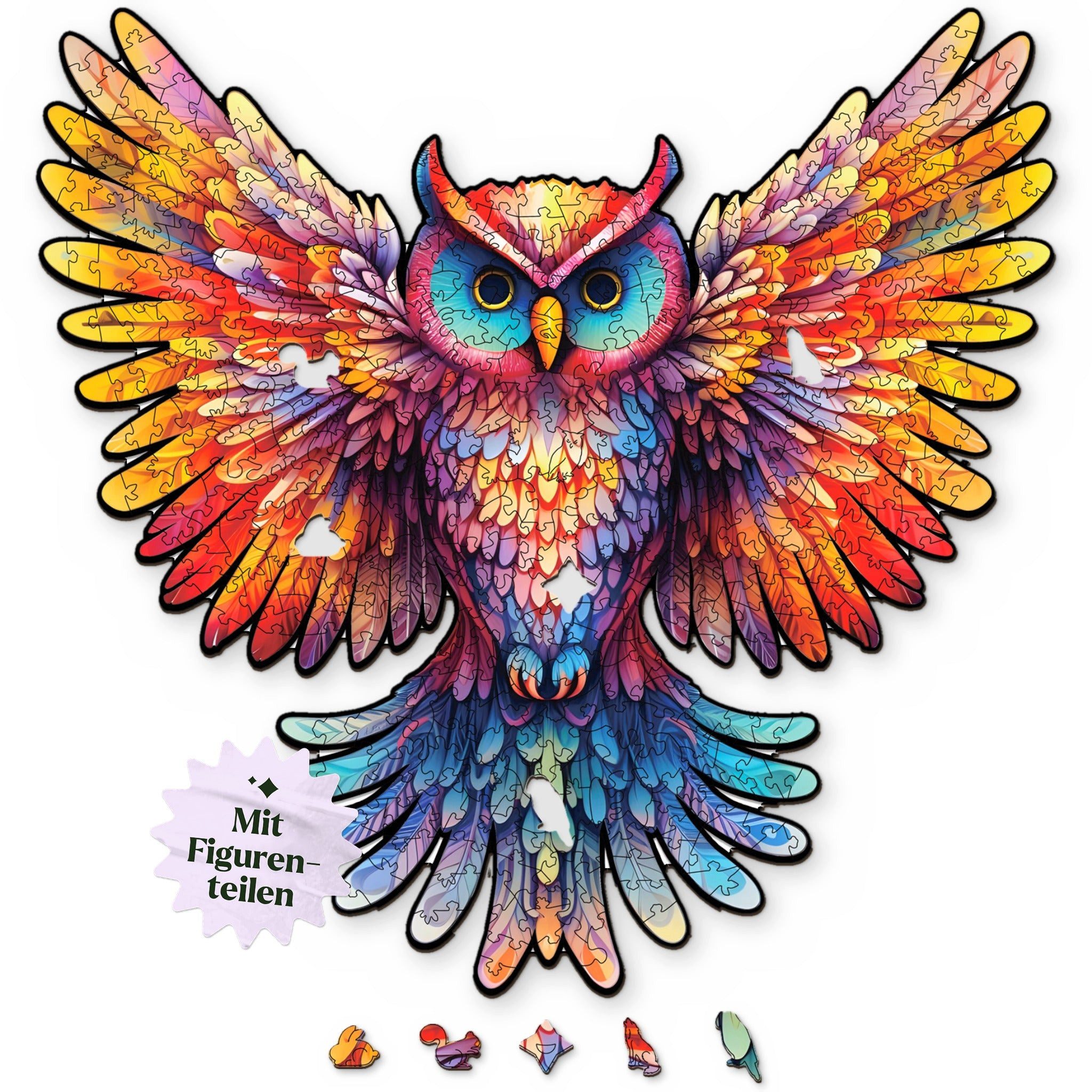 MagicHolz Puzzle Regenbogenfeder Eule aus Holz, 279 Puzzleteile
