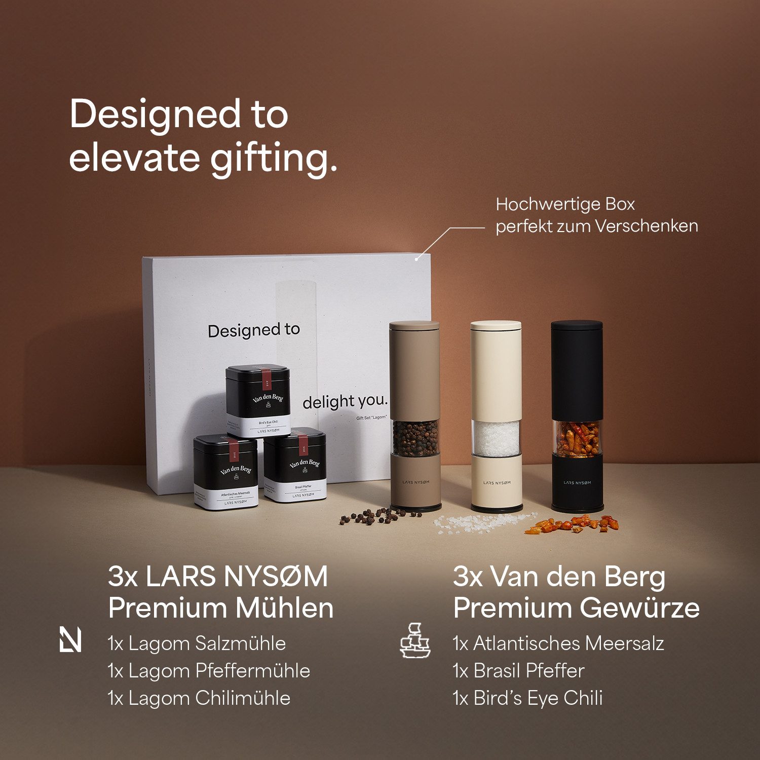 LARS NYSØM Gewürzmühle Lagom manuelle Bedienung, (2 Stück), Hochwertiges Geschenkset mit 3 Mühlen und 3 Gewürzen