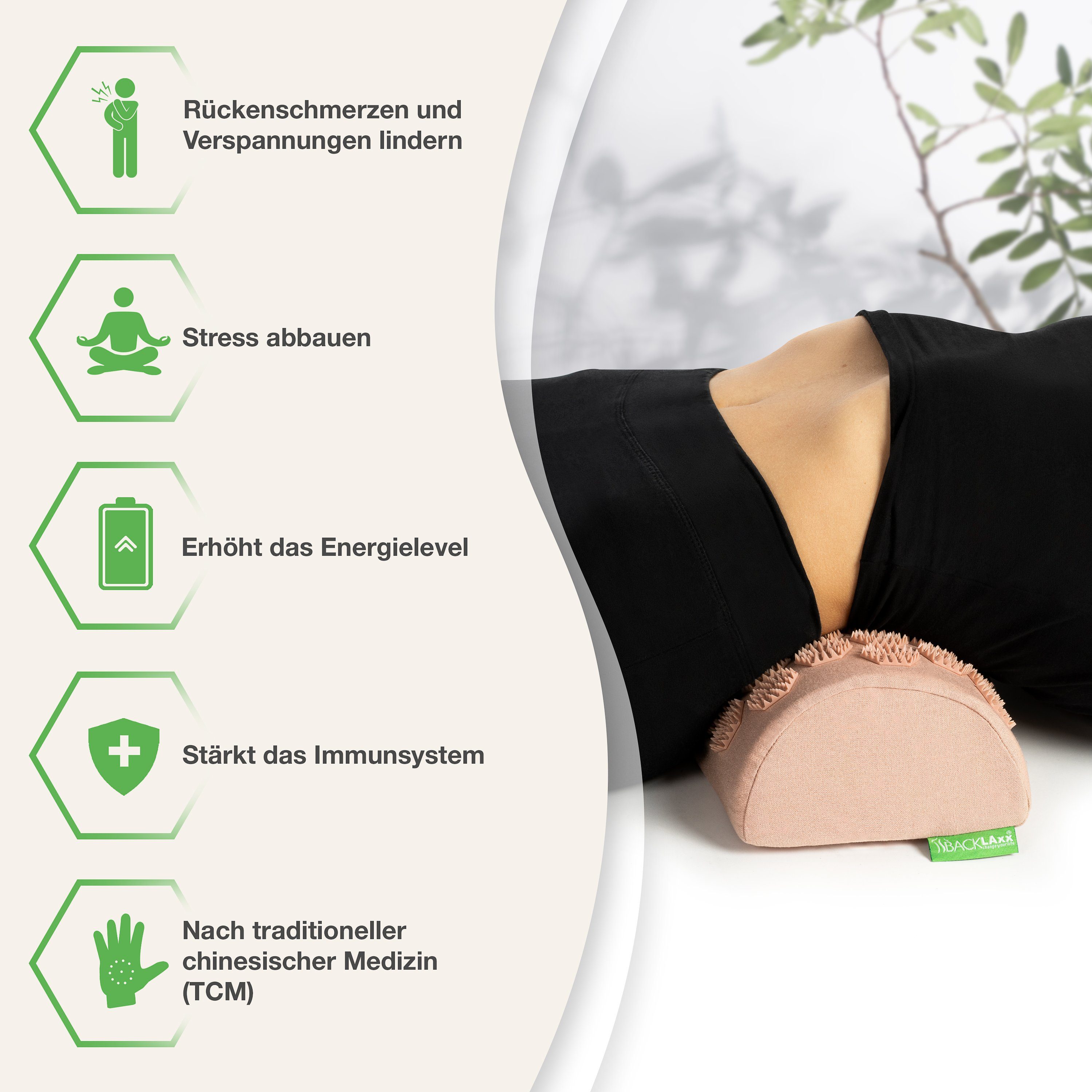BACKLAxx® Nackenrolle Akupressur Nackenkissen, Akupressur Nackenrolle Set, mit 2592 Spitzen inkl. Videoguide, mit Befestigungsband für Büro Reise