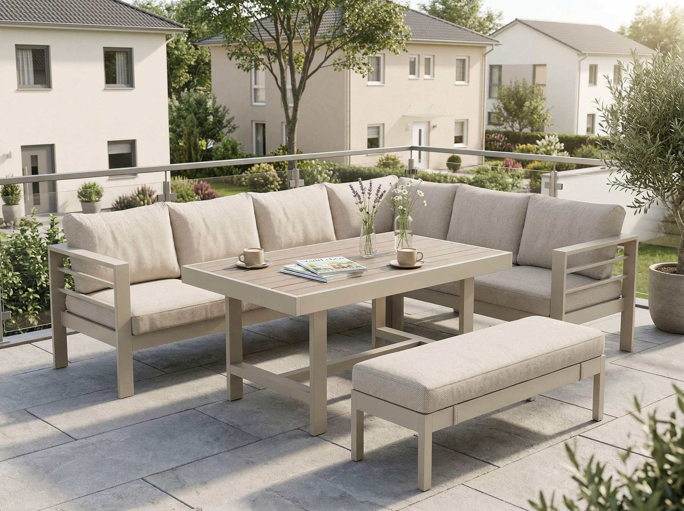 MeXo Gartenlounge-Set XXL Gartenmöbel Set Aluminium für 6-8 Personen, (Dining Loungeset Outdoor, 5-tlg., mit 12 cm dicken Sitzkissen, pflegeleichte Polywood-Tischplatte), wetterfeste Ecklounge mit Esstisch