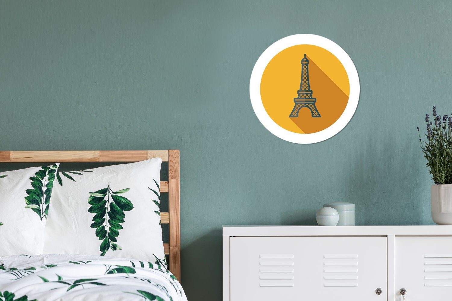 Der Wohnzimmer Eiffelturm Illustration Kreis (1 Tapetenaufkleber, MuchoWow St), einer als Rund, französische in gelber Tapetenkreis Wandsticker Kinderzimmer, für
