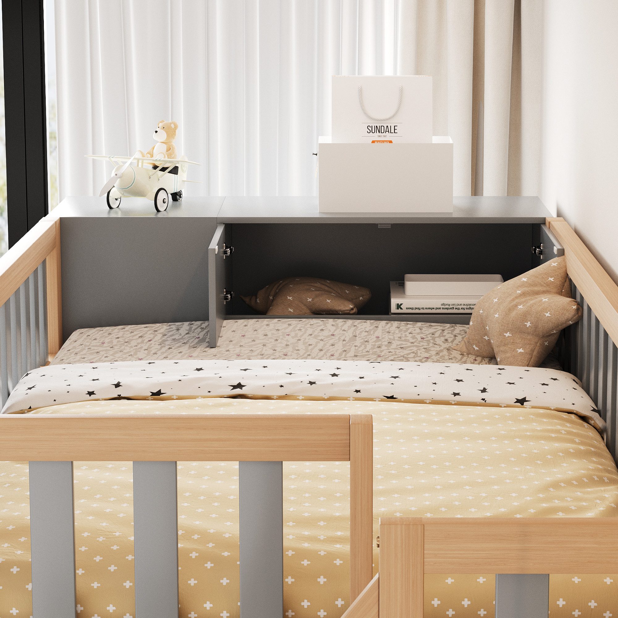 Flieks Hochbett Kinderbett 90x200cm mit Stauschrank Kleiderschrank und Stauraumtreppe
