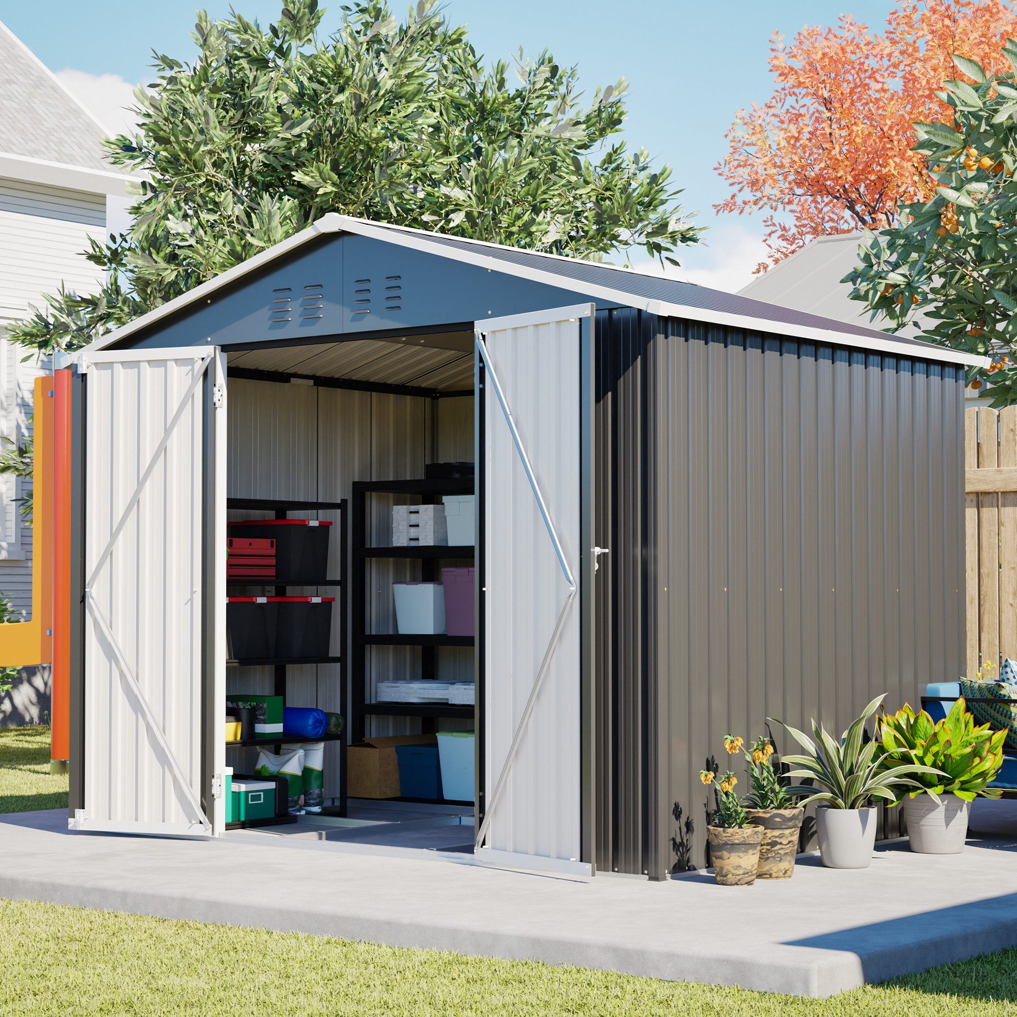 CHICFURN Gartenhaus Metall-Gartenhaus 240x192,3x191 cm mit Schiebetür, BxT: 240x192.3 cm, (Geräteschuppen, 4 Belüftungen, abschließbar, wetterfest), Robuster Geräteschuppen für Garten & Terrasse