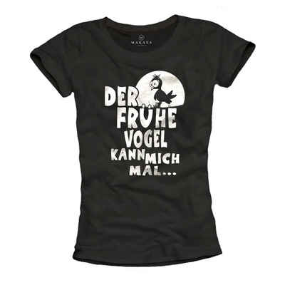 MAKAYA T-Shirt Damen Sprüche Top Der Frühe Vogel Print Motiv Frauen Oberteile