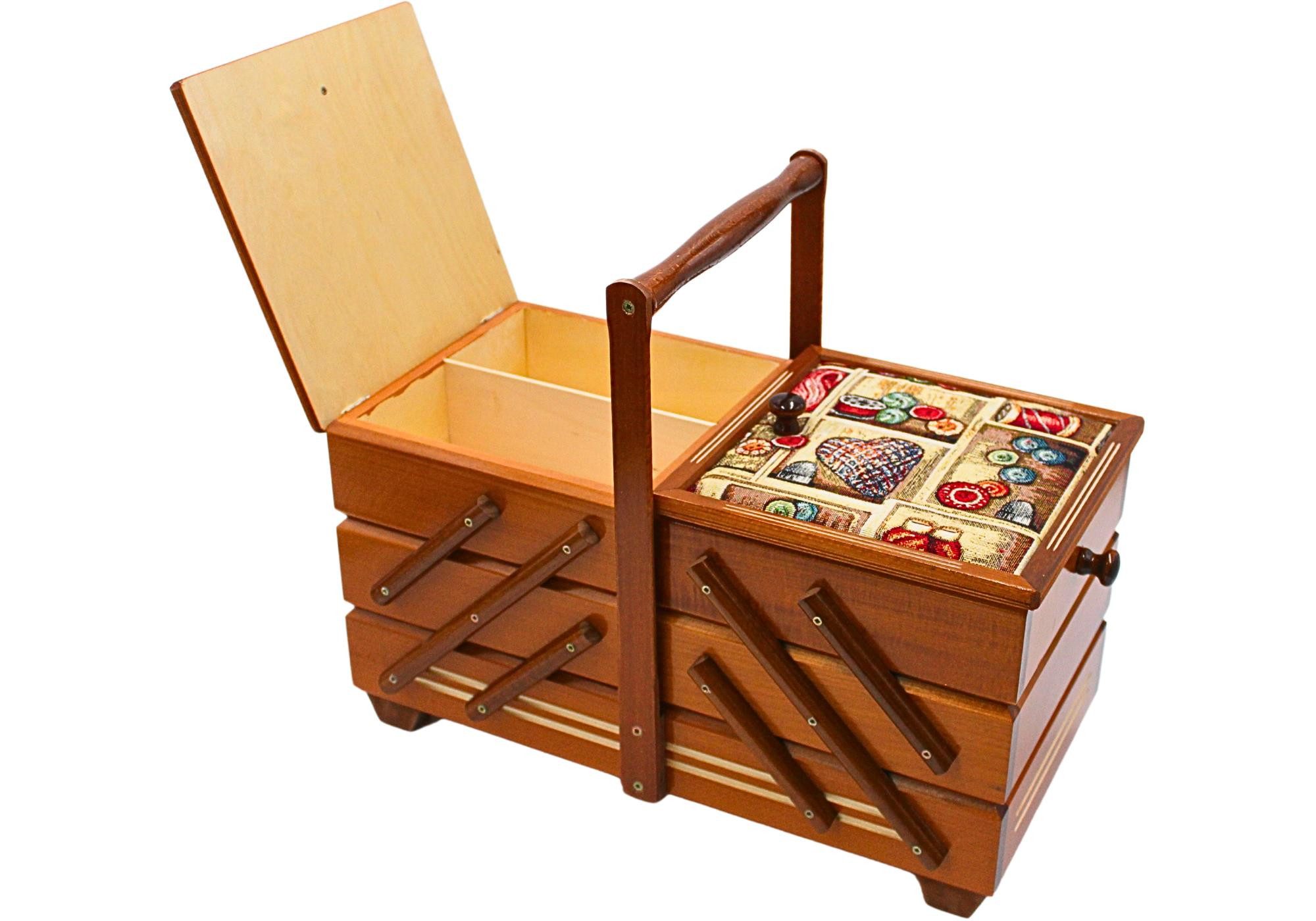 Dekohelden24 Nähkorb Hochwertiger Nähkasten, Nähkästchen aus Furnierholz mit 7 Fächern (1 St), und Stoffbezug Nadelmotiv in Mahagoni, L/B/H 42 x 20 x 21 cm .