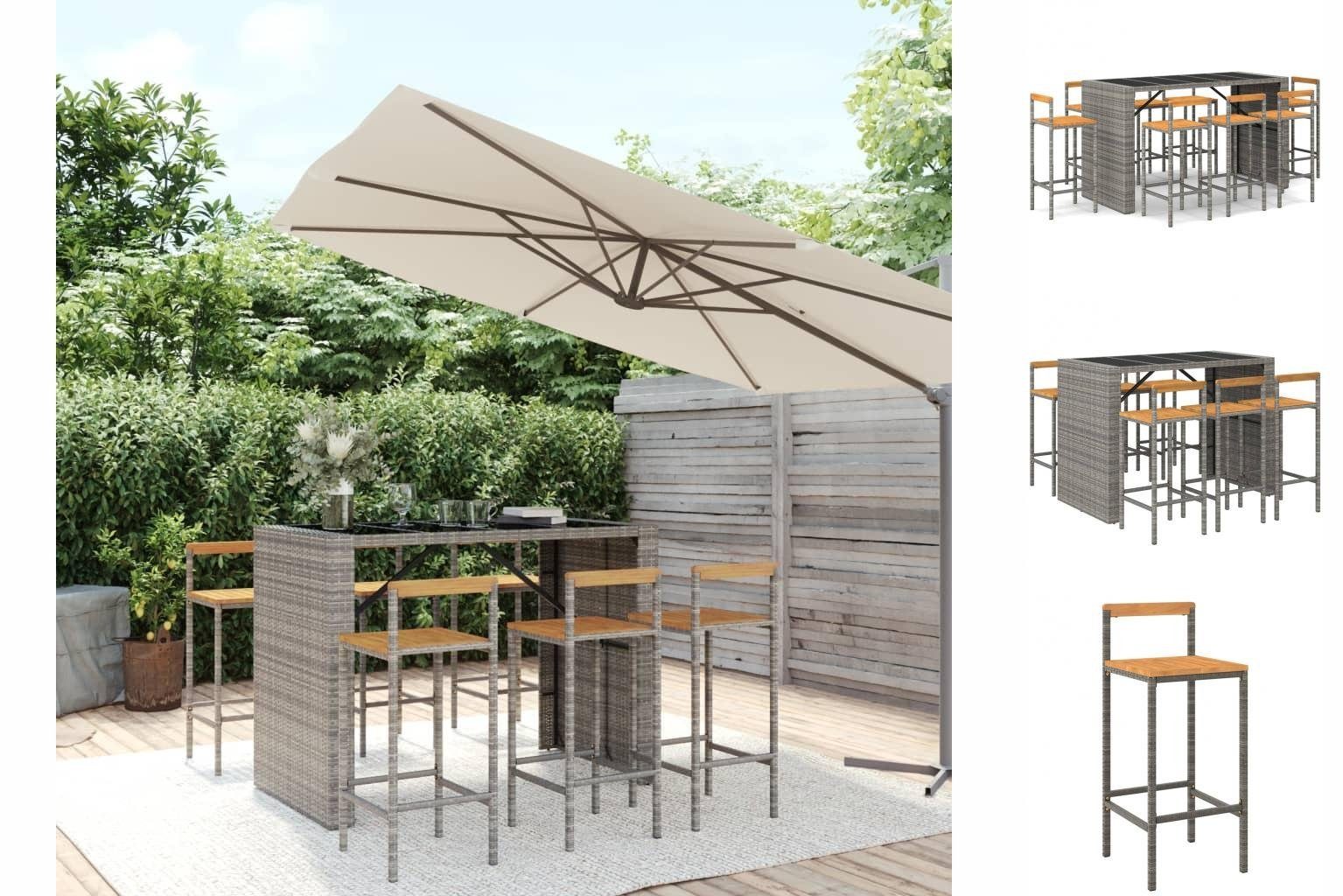 vidaXL Garten-Essgruppe 7-tlg Gartenbar-Set Grau Poly Rattan Massivholz  Akazie Bar Set