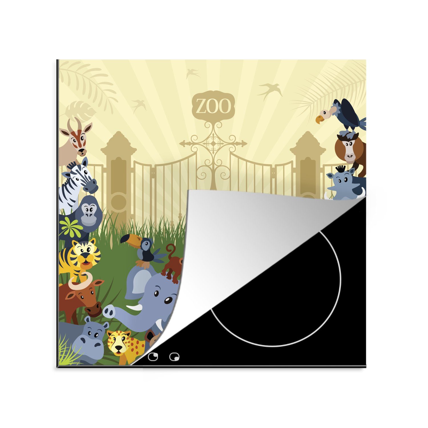 MuchoWow Herdblende-/Abdeckplatte Eine Illustration von Tieren im Zoo, Vinyl, (1 tlg), 78x78 cm, Ceranfeldabdeckung, Arbeitsplatte für küche