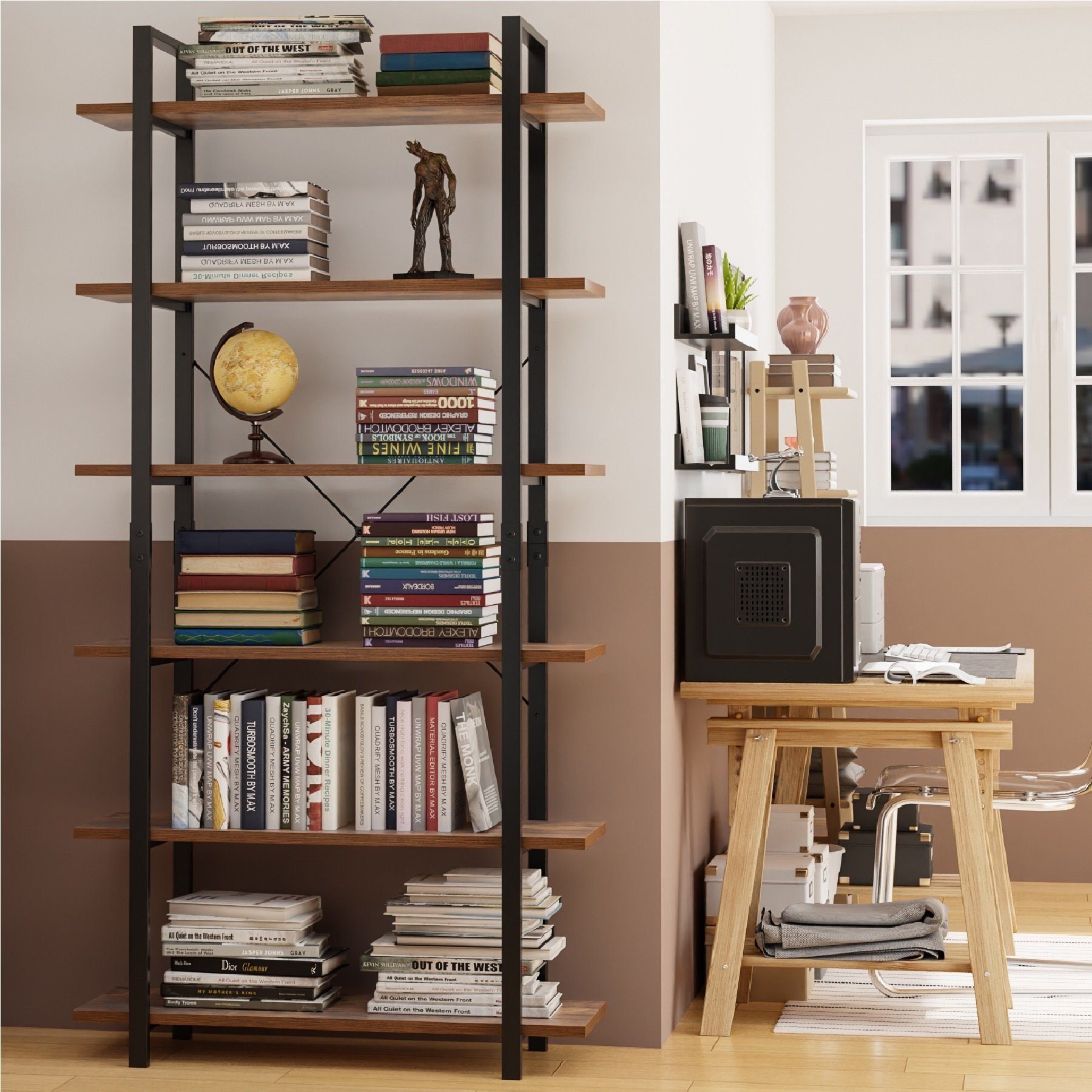 Homfa Standregal, 6 Küchenregal schwarz Holz Metall 210cm Bücherregal Ebenen