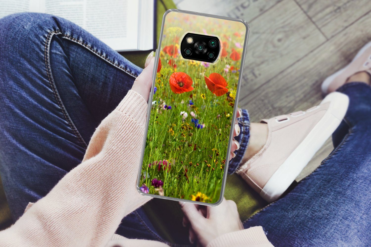 MuchoWow Handyhülle für Xiaomi Poco X3 Pro Frühling - Blumen - Rot - Mohn - Gras - Grün, Phone Case, Silikon, Schutzhülle Dünn