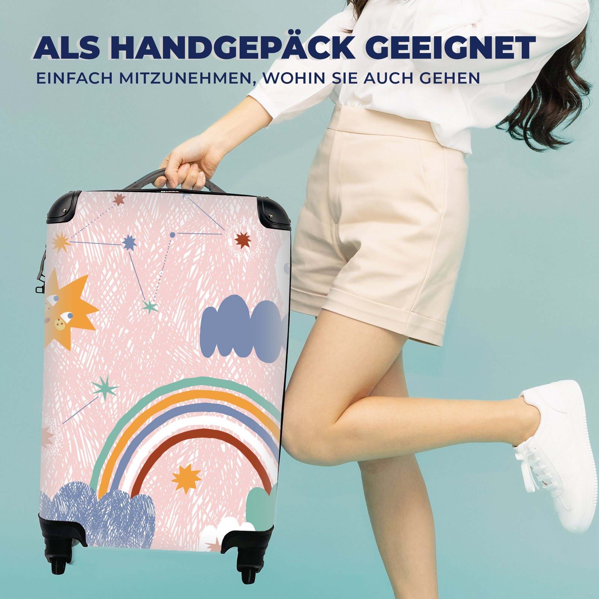 MuchoWow Handgepäckkoffer Regenbogen - Kinder - Wolken, 4 Rollen, Reisetasche mit rollen, Handgepäck für Ferien, Trolley, Reisekoffer