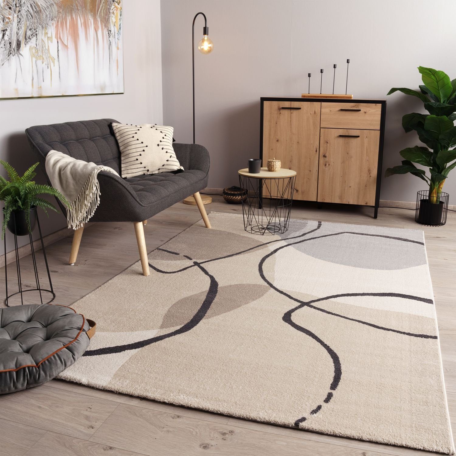 Teppich Wohnzimmer Esszimmer Abstraktes Muster Geometrisch, TT Home, rechteckig, Höhe: 16 mm Hellbeige Grau