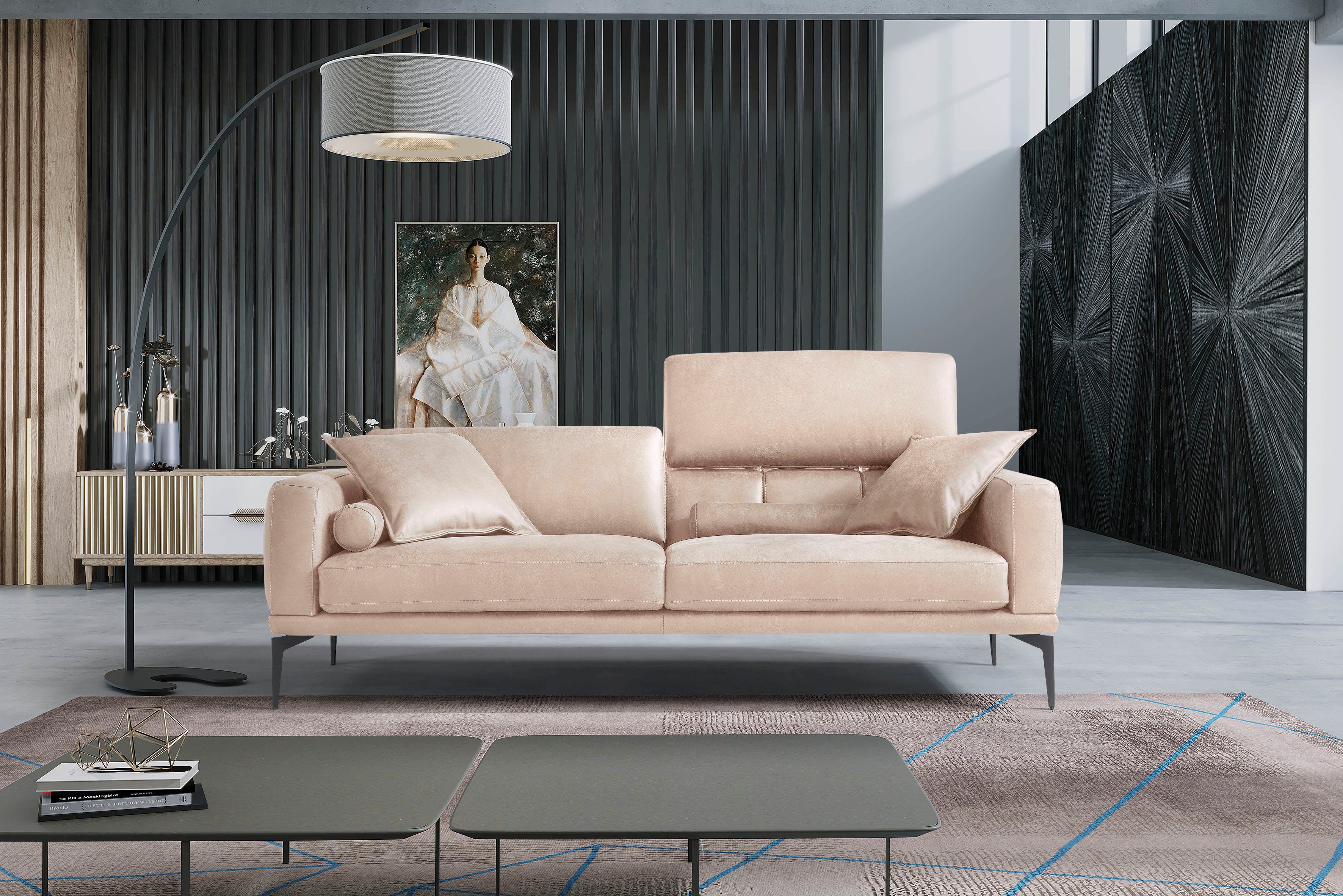 Egoitaliano 2,5-Sitzer Masu, Designsofa mit erstklassigem Sitzkomfort, Breite 218cm, inkl. 2 Kissenrollen, Rückenelemente manuell verstellbar, Metallfüße