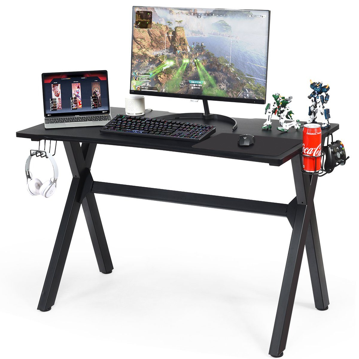 COSTWAY Gamingtisch, mit Mauspad & Kabelführungslöcher, Stahlrahmen, 115cm | Computertische