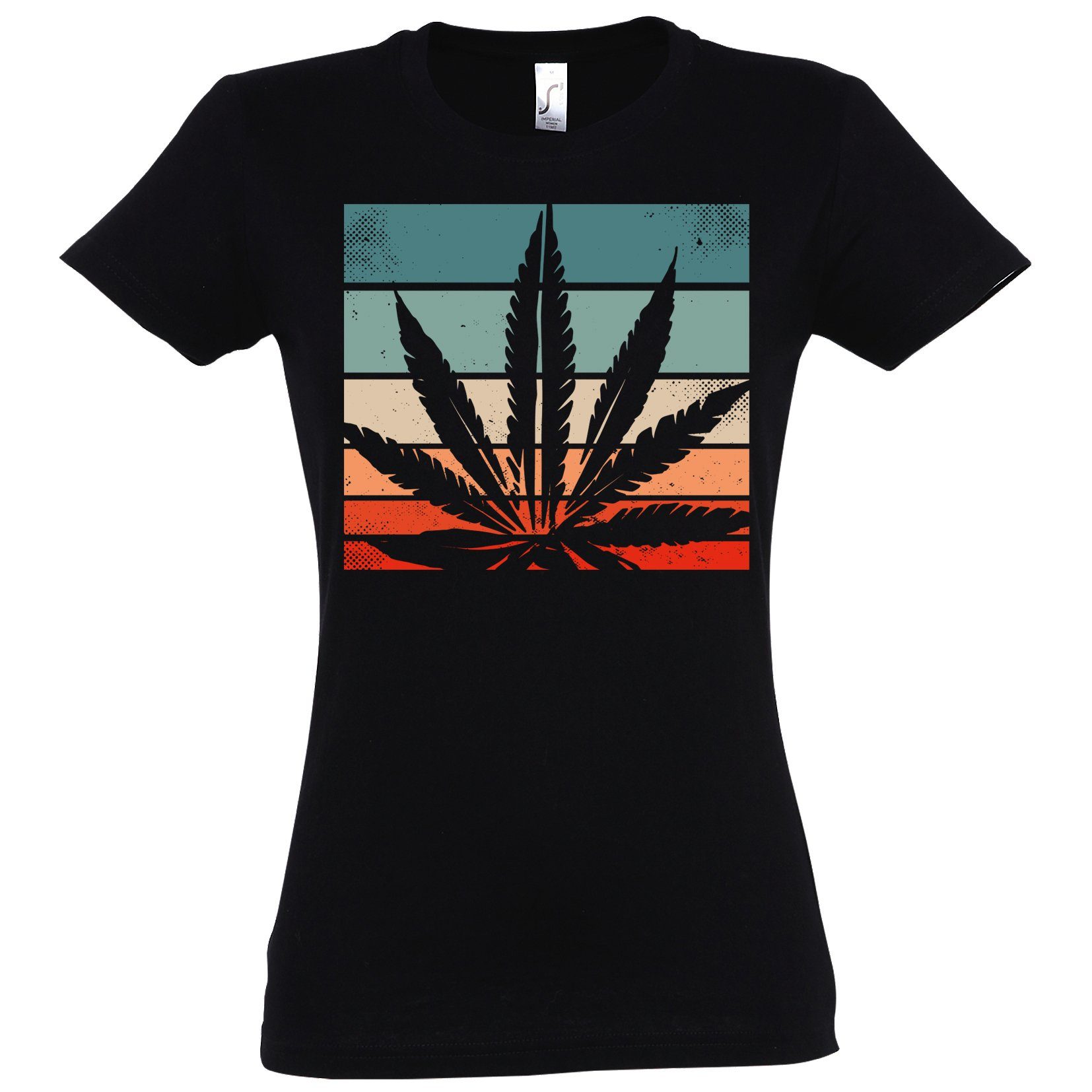 Frontprint T-Shirt T-Shirt modischem Damen Retro Cannabis mit Designz Youth Schwarz