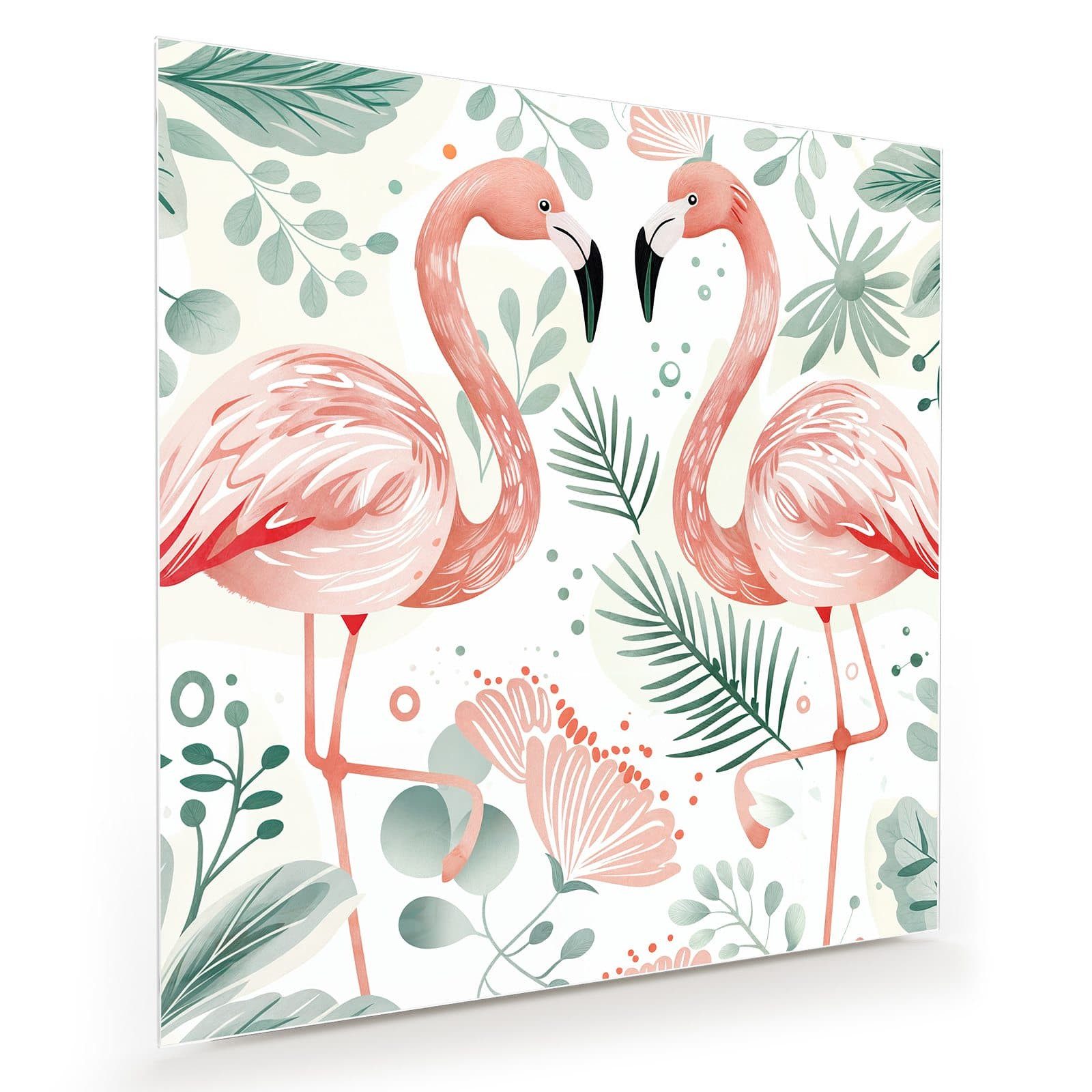 Primedeco Glasbild Wandbild Quadratisch Flamingo Blätter mit Aufhängung, Tierwelt (21 verschiedene Größen, 1 St), Elegante Aufhängung