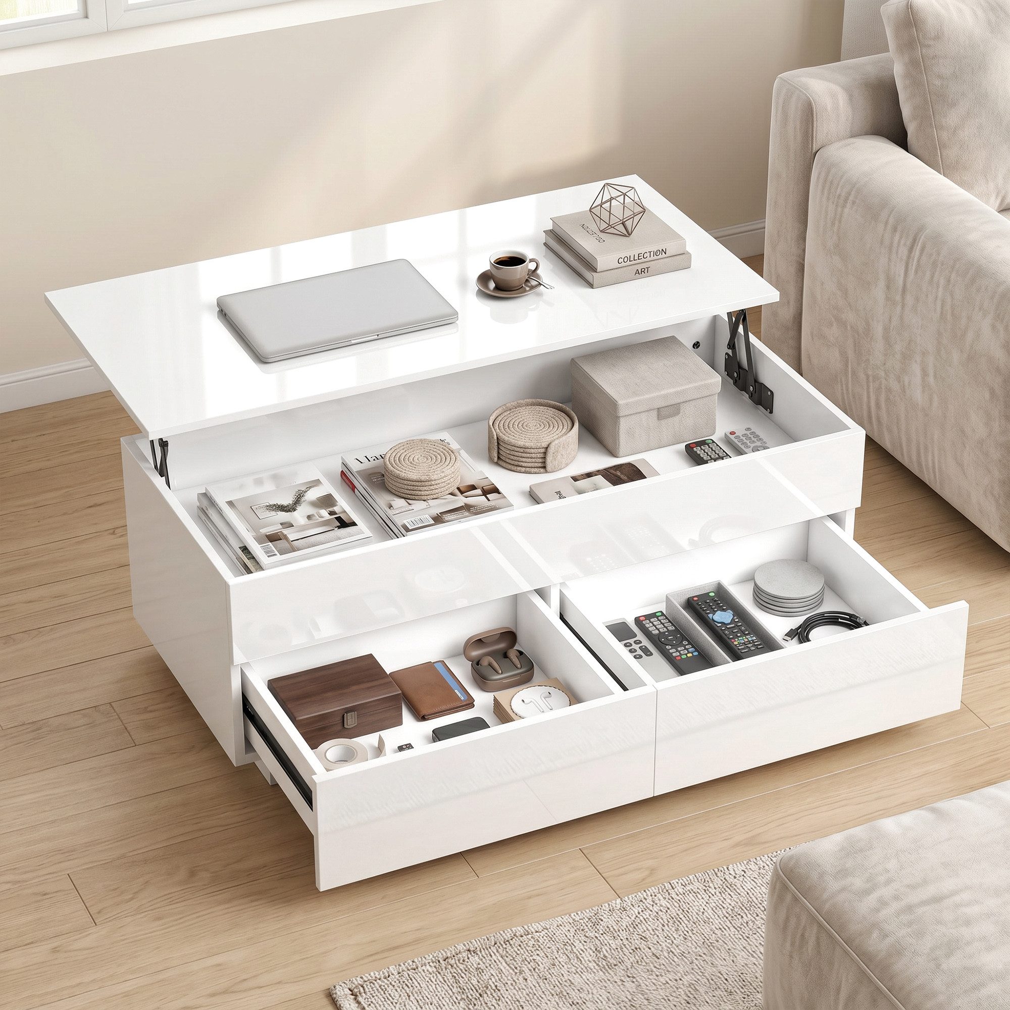 HOMCOM Couchtisch Wohnzimmertisch mit Hebeplatte, 2 Schublade, Kaffeetisch (Packung, 1-St., 1 Tisch), Tischplatte höhenverstellbar, Stauraum