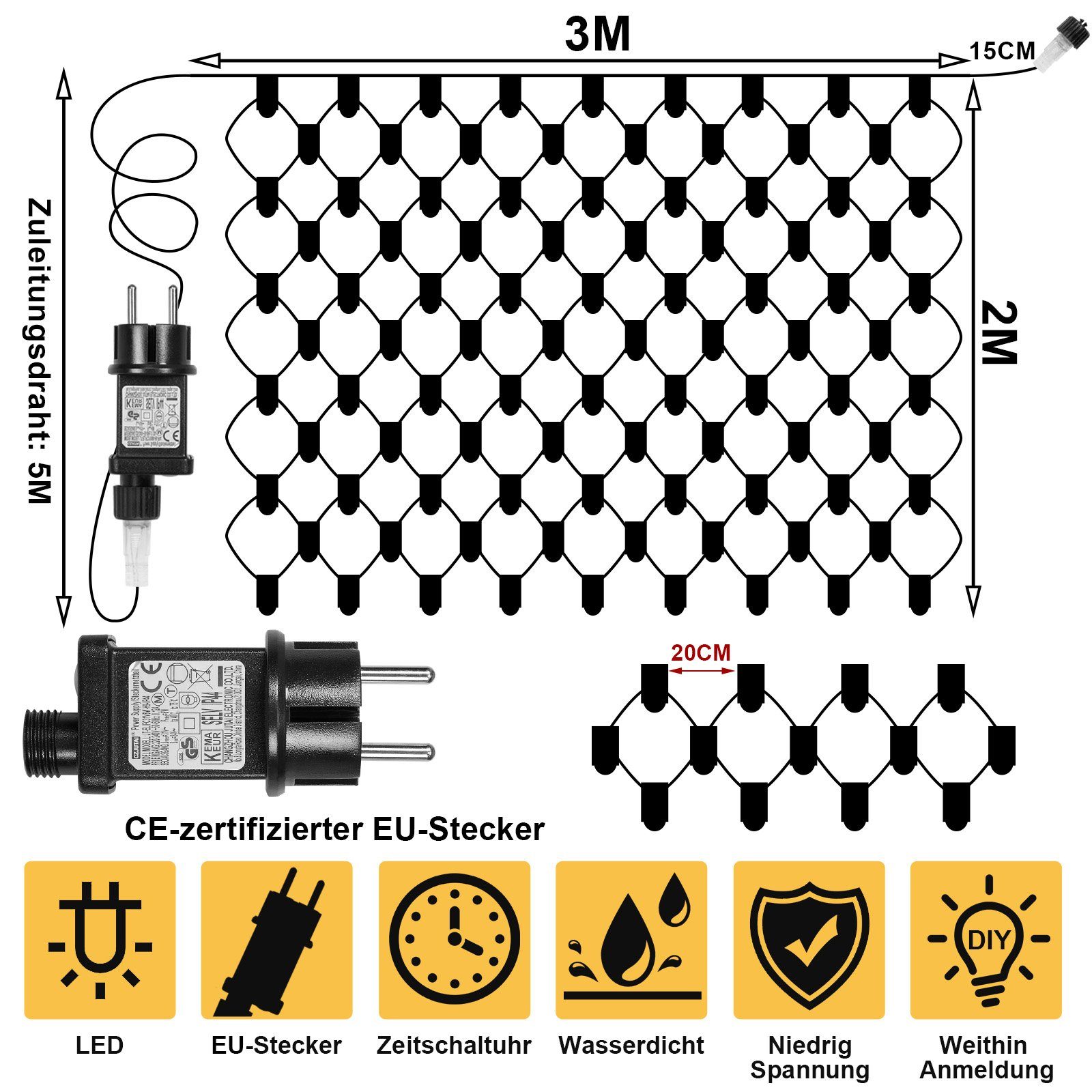 Rosnek wasserdicht, modi, Speicherfunktion für Timer, 2x3M/4x6M; 31V, LED-Lichternetz Weihnachtsfeier Deko, Gartenzäune 8