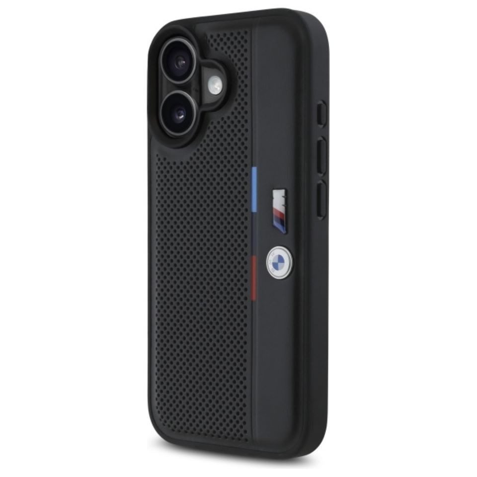 BMW Handyhülle iPhone 16 Tricolor Kunstleder gelocht schwarz 6,1 Zoll, Kantenschutz