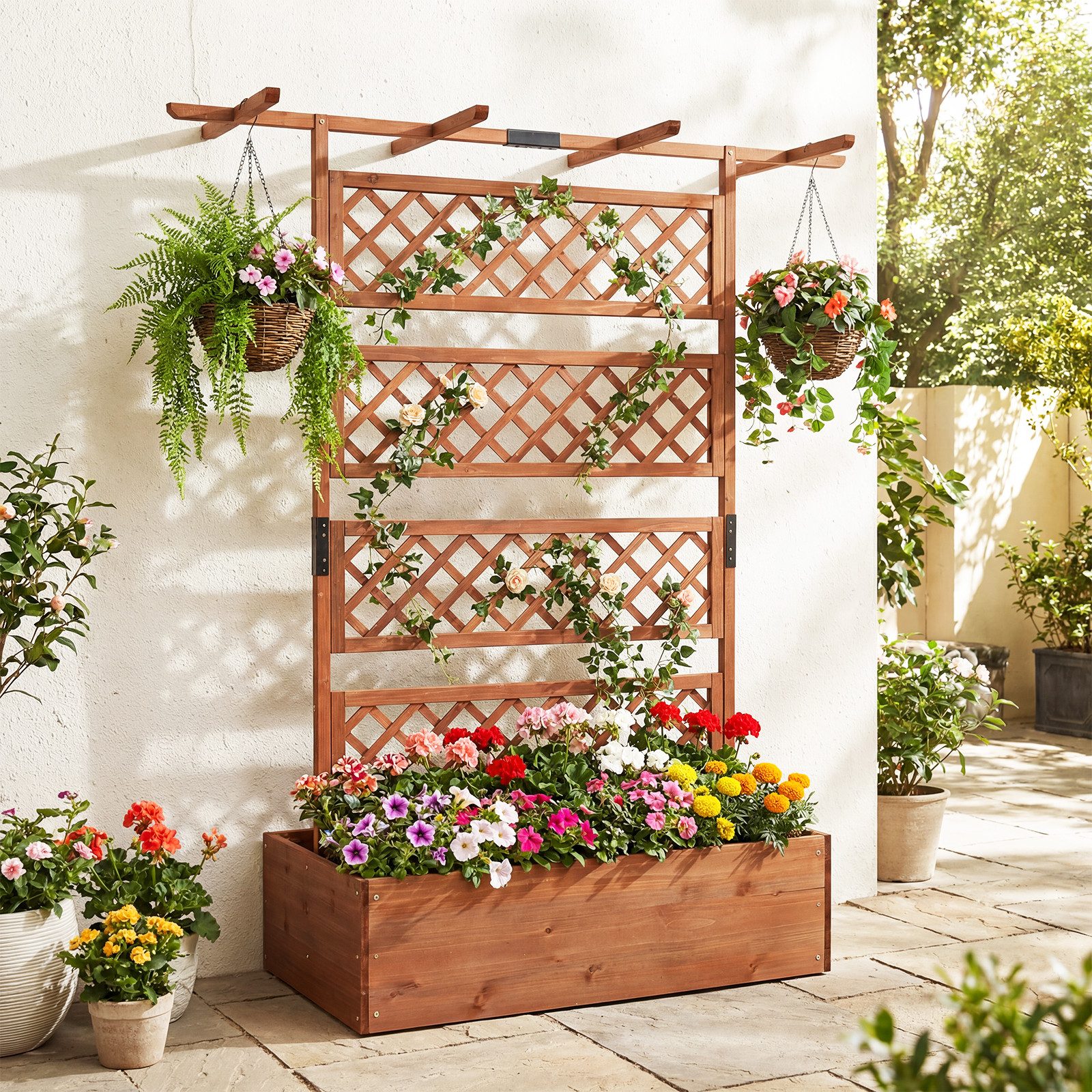 COSTWAY Blumenkasten (1 St), Pflanzkübel, Hochbeet mit Rankgitter & Dach, 100x55x183cm